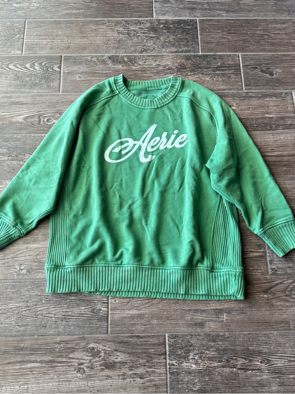 Aerie Green Crewneck Oversized Sweatshirt Ribbed Side Panels